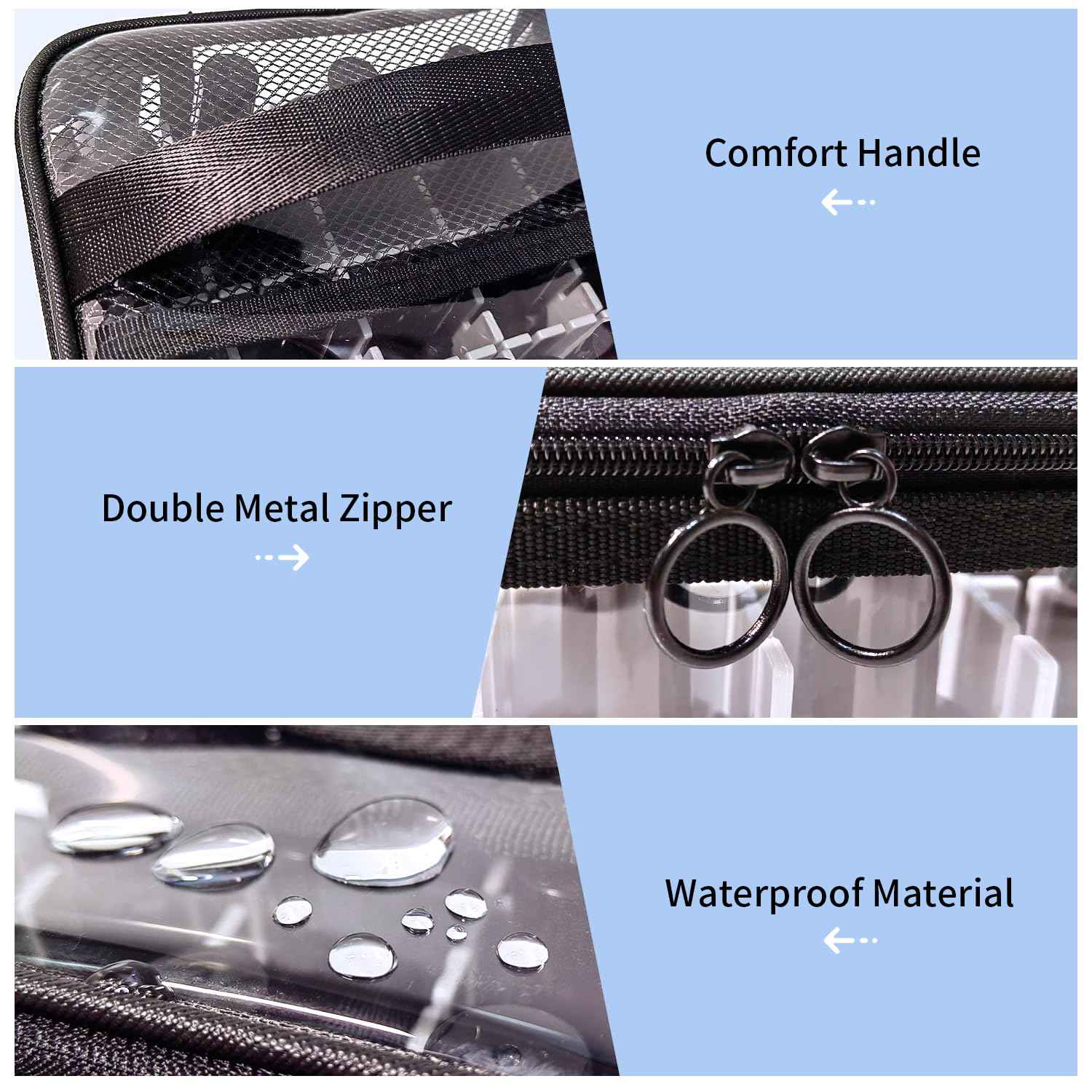 leevanoo Clear Makeup Bags with Mesh Top，Clear PVC with Zipper Handle Portable Travel Luggage Pouch，TSA Approved Cosmetic Organizer (Black)