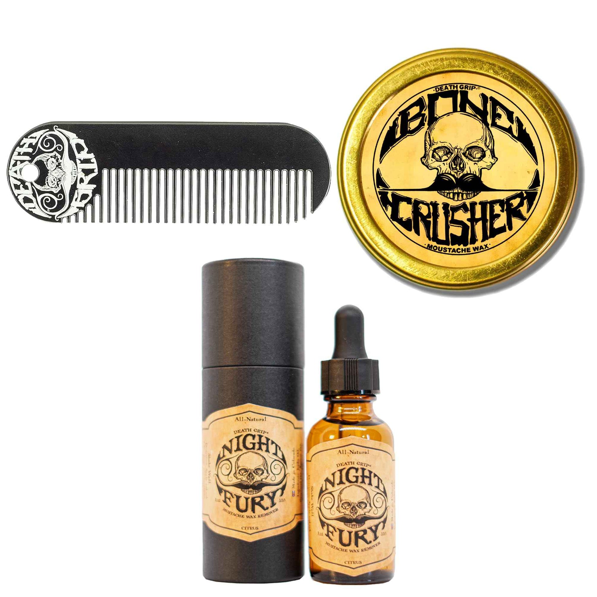 THE VINTAGE GROOMING CO. Bone Crusher Extra Strong Extra Firm Mustache Wax, Night Fury Wax Remover Oil, and Comb Set