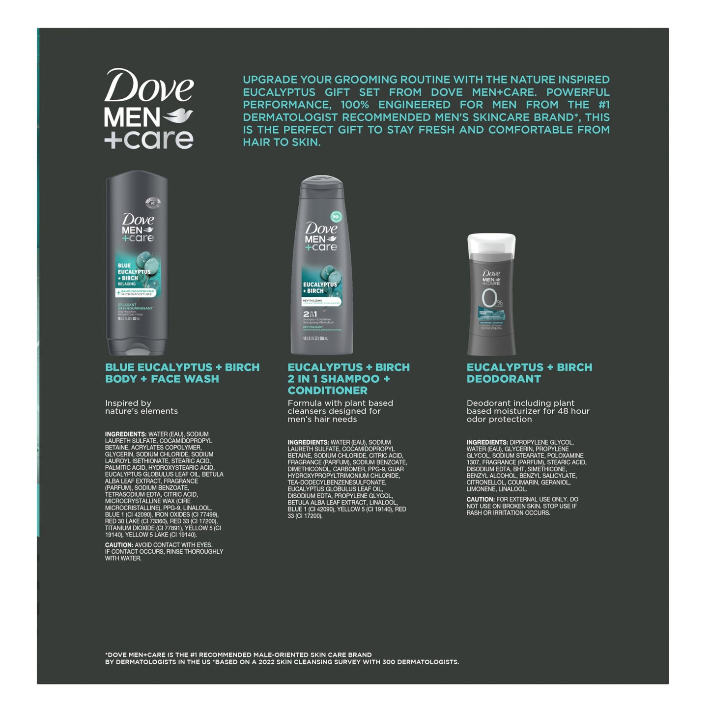 Dove Men+ Care Gift Set – Dove Body Wash, Dove Mens Shampoo & Conditioner 2-in-1, Dove Deodorant, Eucalyptus + Birch Scent (3 Piece Set)