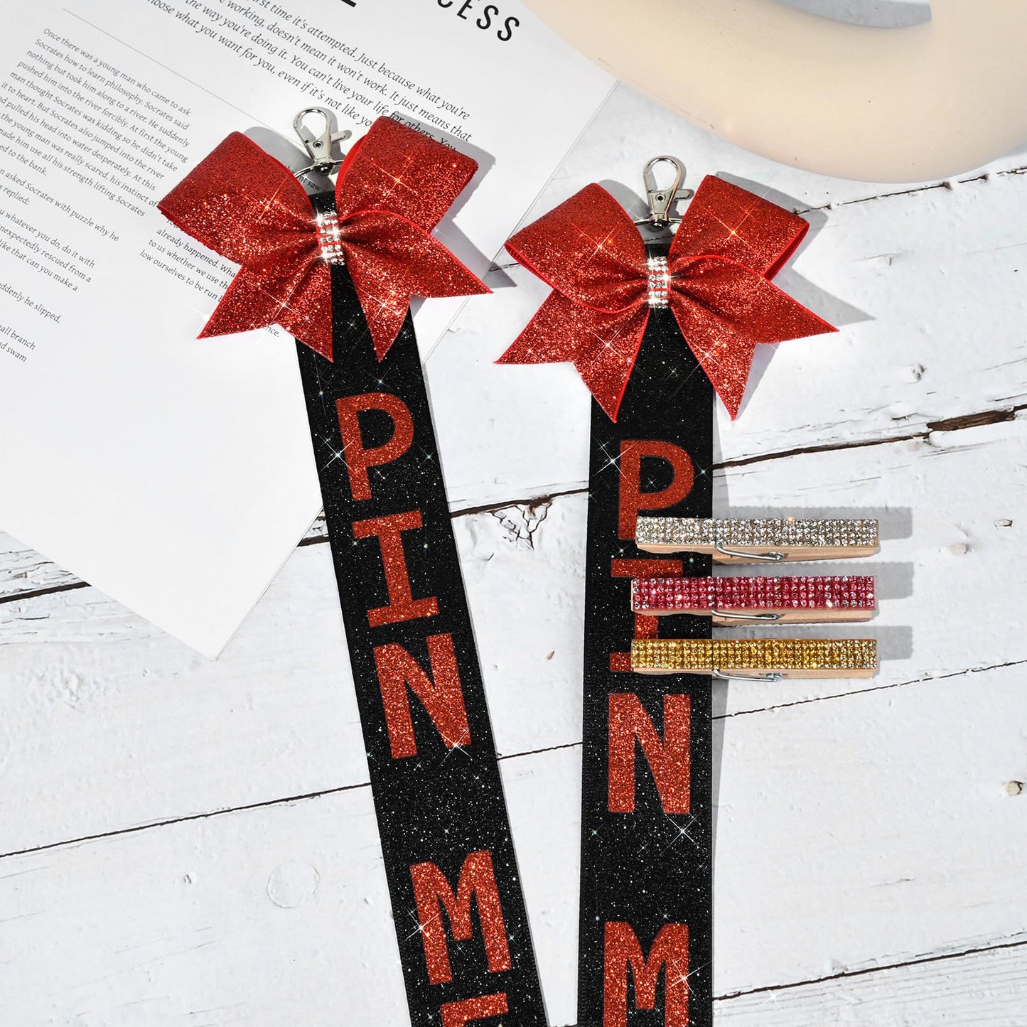 Aileam 6 PCS Cheer Pin Me Ribbon Keychain with Rhinestones, Red/Black, Cheerleading Sports Accessory for Teen Girls