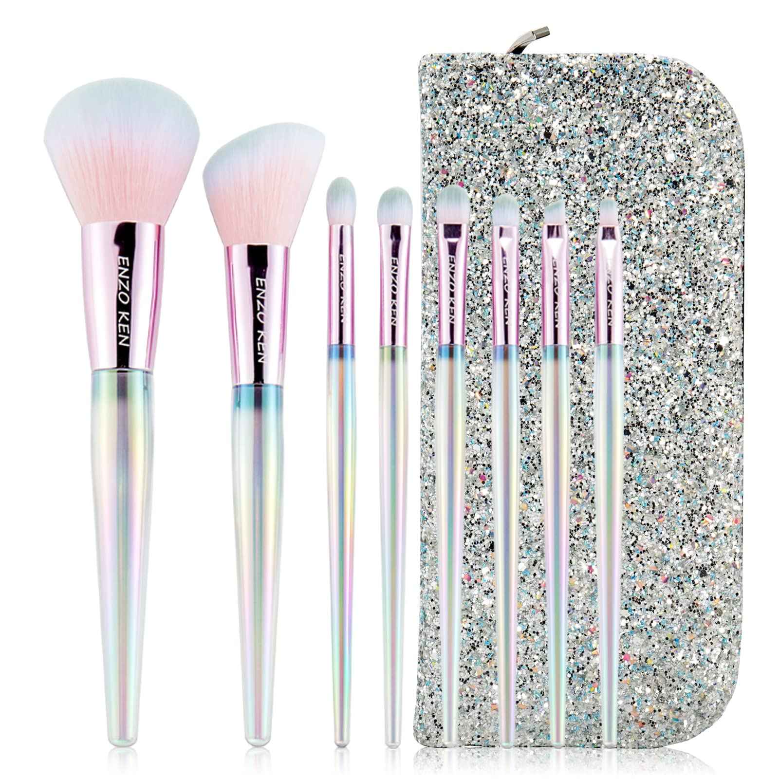 Rainbow Crystal Makeup Brushes Set Professional, Vegan Makeup Brush Set with Case by ENZO KEN, Bedazzled Cosmetic Brushes Makeup Set, Sparkly Make up Brushes Set Professional, Makeup Brush Set Vegan.