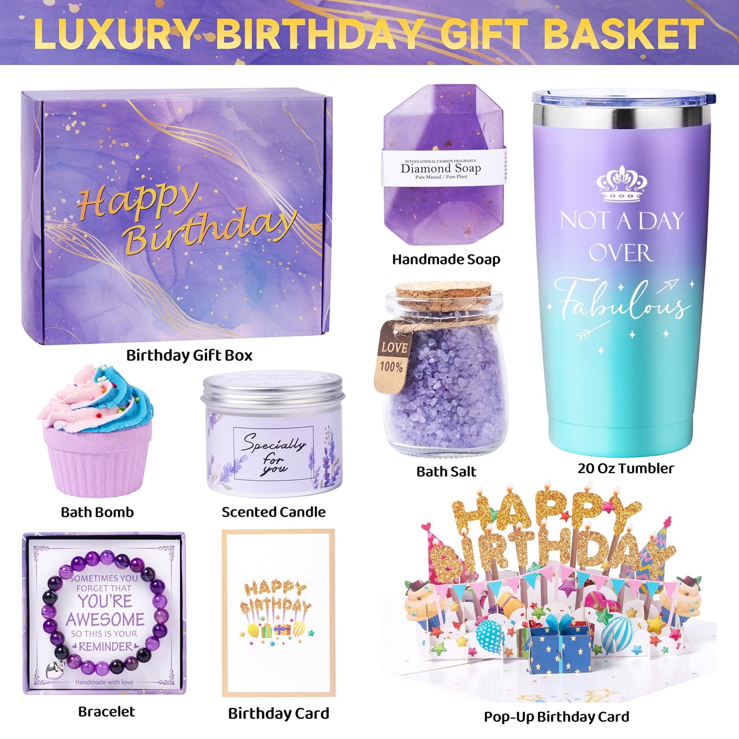 Aeenr Birthday Gifts for Women-40th Birthday Gifts Women-50th Birthday Gifts for Her 30th Birthday Lavender Purple Gift Baskets, Gift Set for Sister Mom Wife Girlfriend Coworker Best Friend-Christmas