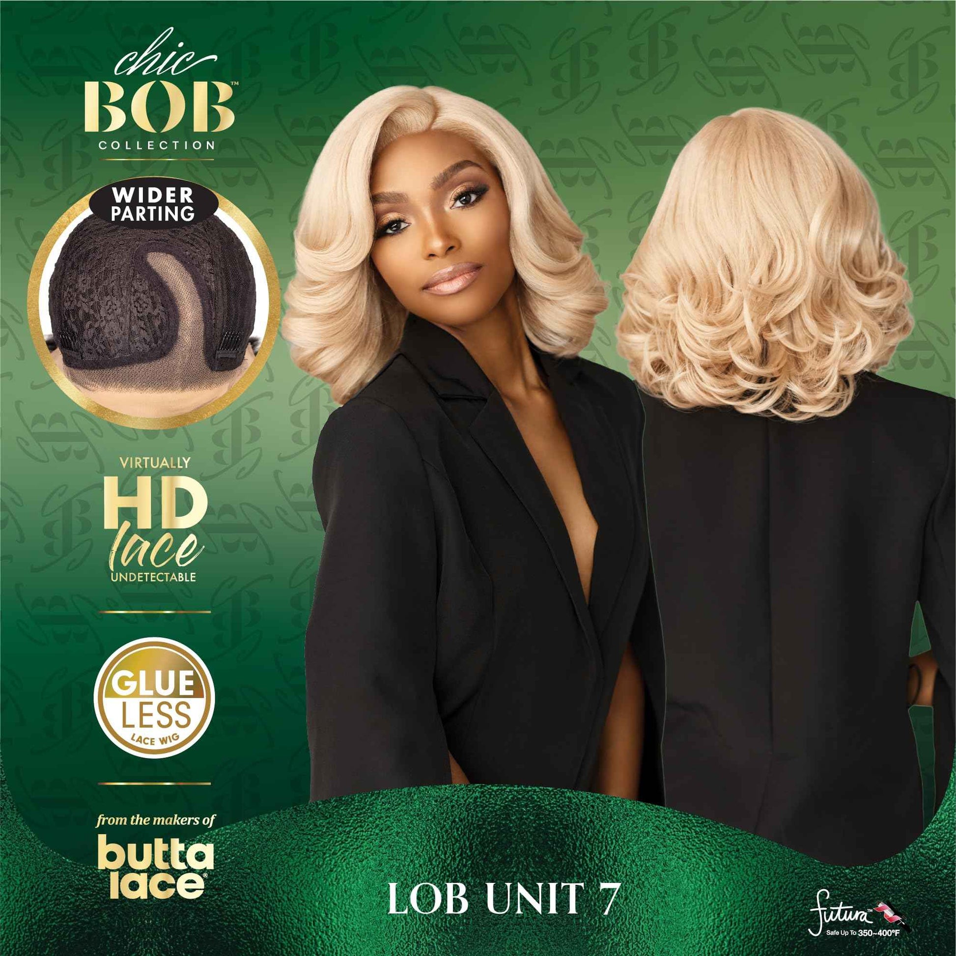 Sensationnel Chicbob Lace Frontwig - Lob Unit 7 Face Framing Glueless Wig Wide 5 Inch Deep Part Synthetic Preplucked Hairline (1B OFFBLACK)