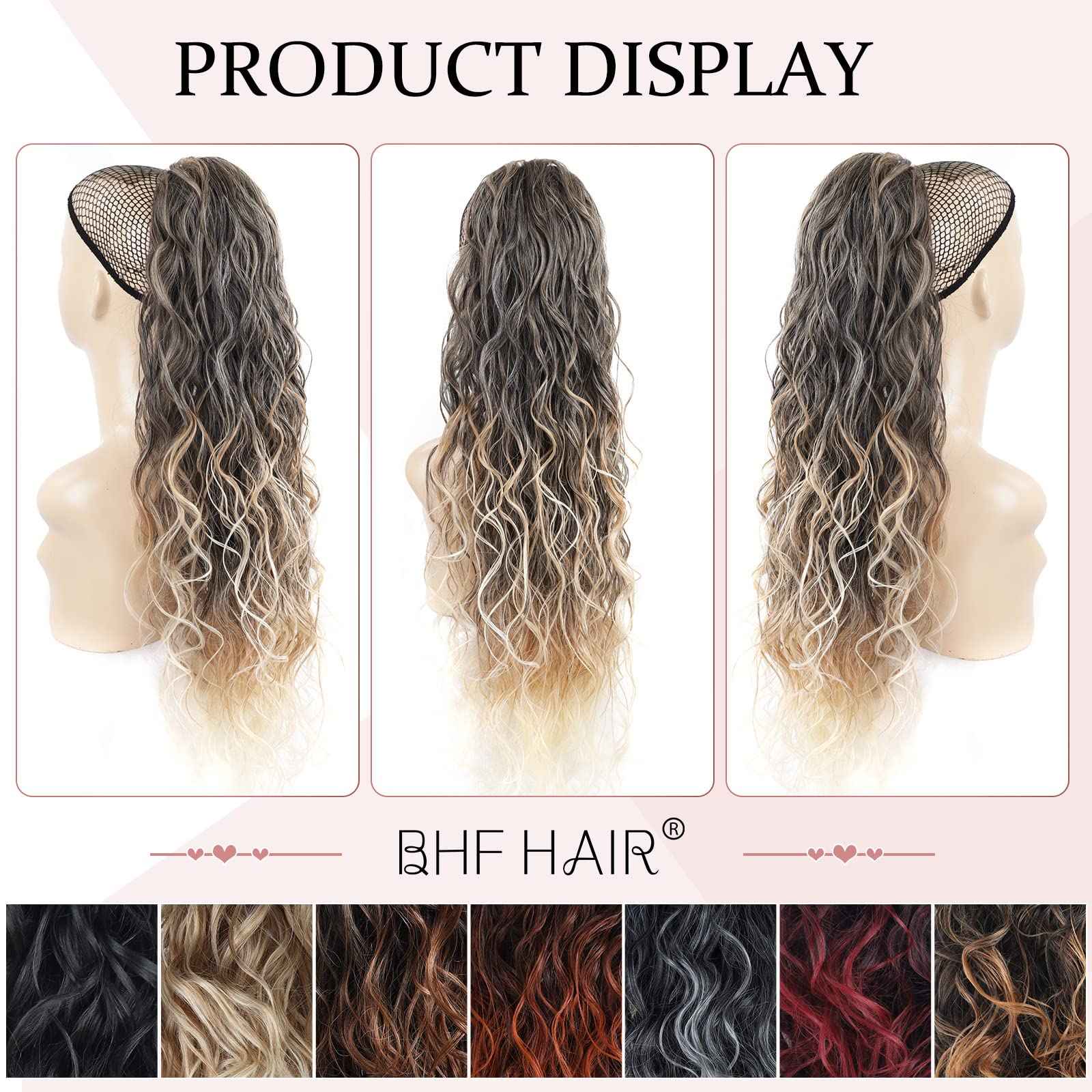 BHF HAIR Curly Drawstring Ponytail Extension 26 Inch Wavy Ponytail Clip in Curly Synthetic long Hair Extensions for Women(Brown to Blonde 6OZ)