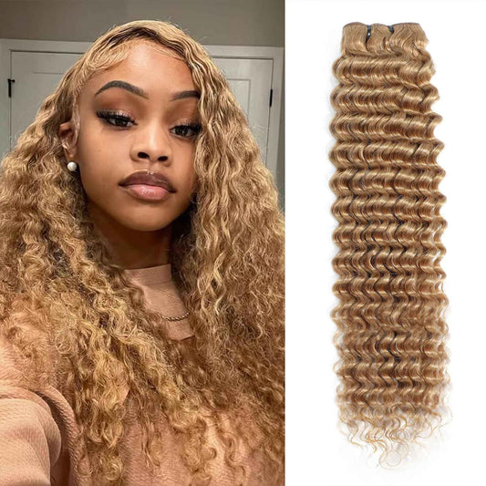 inlovwith Honey Blonde Deep Wave Human Hair Bundles, Selected Healthy Deep Curly Bundles Human Hair 27# Colored Brazilian Virgin Hair Wet and Wavy (Single Bundle, 18 Inches)