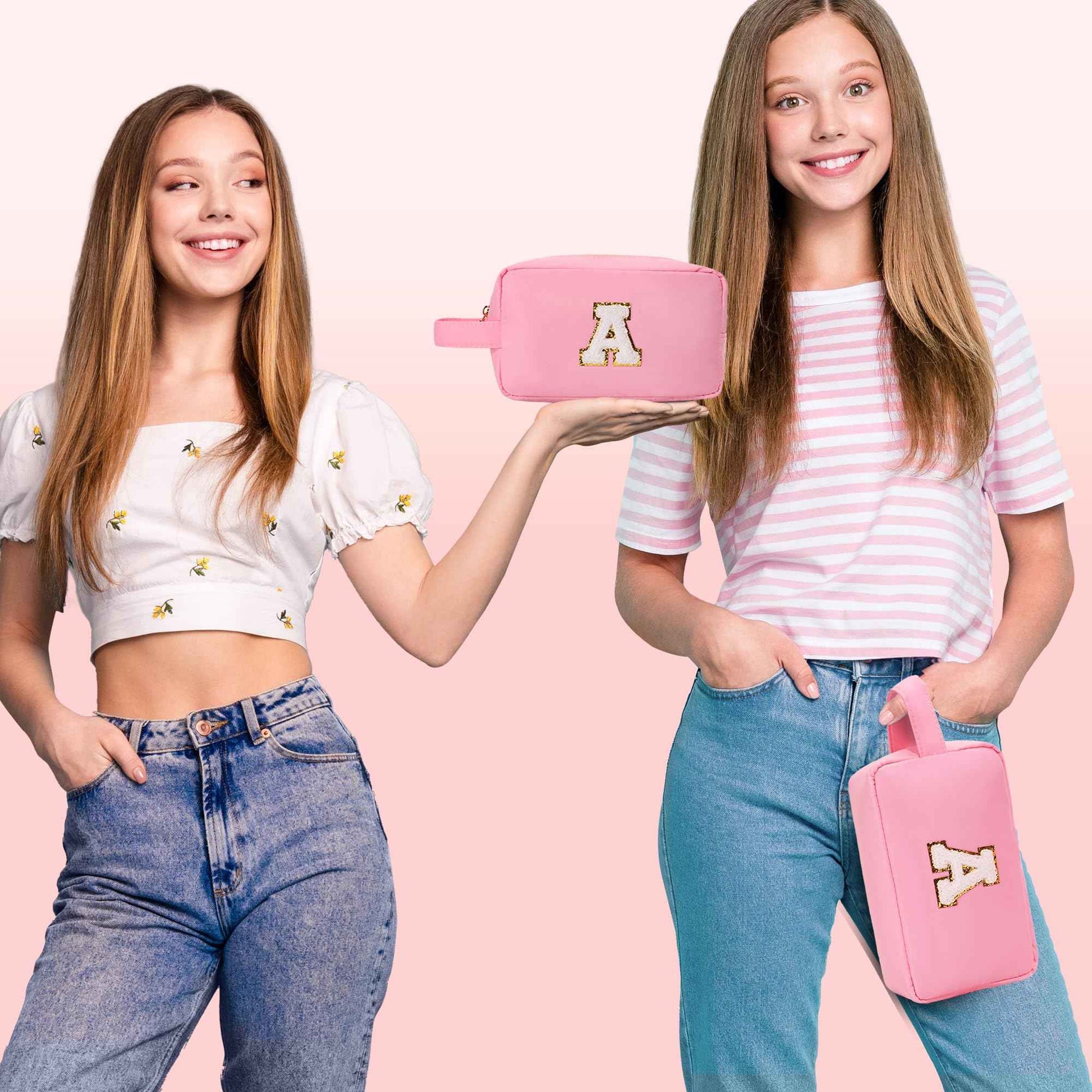 Aveniee Initial Makeup Bag for Women,Monogram Travel Make Up Bag Organizer With Handle,Personalized Cosmetic Toiletry Bag,Christmas Birthday Gifts for Women Teen Girls Daughter Teacher-Pink A