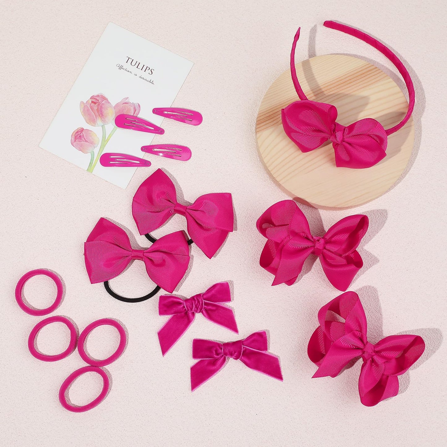 DEEKA Rose Hair Accessories Set - 15 Pieces Uniform Hair Bows, Hair Clips, Headband, Hair Ties for Little Girls - Back to School, Shocking Pink, Grosgrain Ribbon