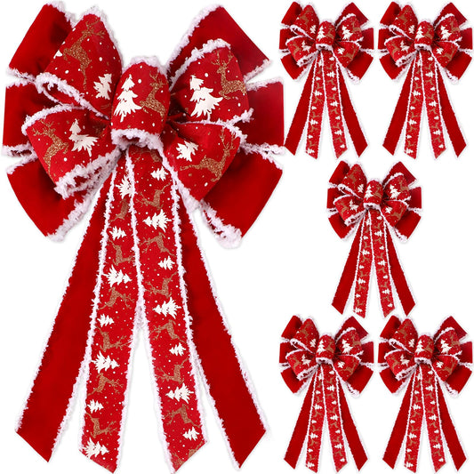 Riceshoot 6 Pcs Extra Large Red Christmas Wreath Bows Outdoor Decorations 26 x 12" Giant Christmas Tree Topper Velvet Glitter Bows Red Buffalo for Xmas Holiday Outside Supplies(Reindeer)