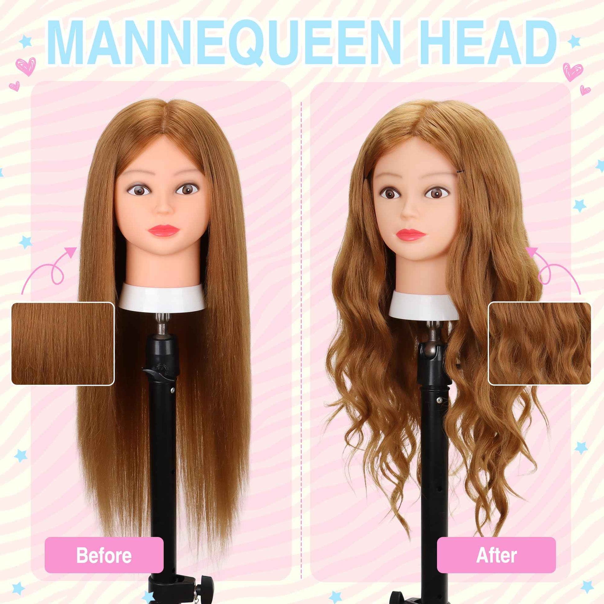 Mannequin Head with Human Hair 80% Real Hair 26-28'' Cosmetology Mannequin Head for Hairdresser Cosmetology Student Styling Practice on Braiding Manikin Doll Head with Tripod Set