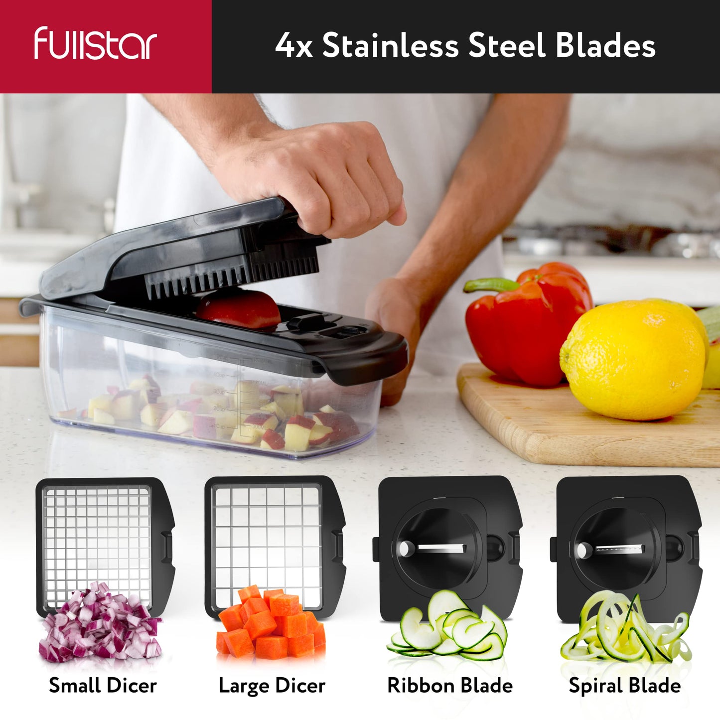 Fullstar Vegetable Chopper, Cheese Slicer, Food Chopper, Veggie Chopper, Onion Chopper, Vegetable Chopper with Container, Mandoline Slicer & Cheese Grater (11 in 1 - Black/Stainless Steel)