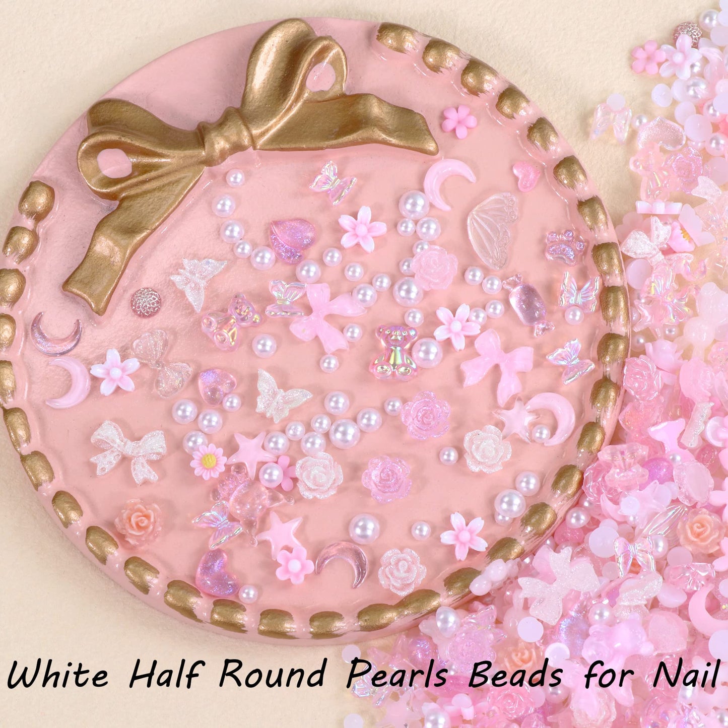 500Pcs Pink Nail Charms Mixed Shape Rose Flower Bear Bow Heart 3D Acrylic Charms for Nails Design Flatback White Half Round Pearls Beads for Nail Art Decoration DIY Crafts Jewelry Making Accessories