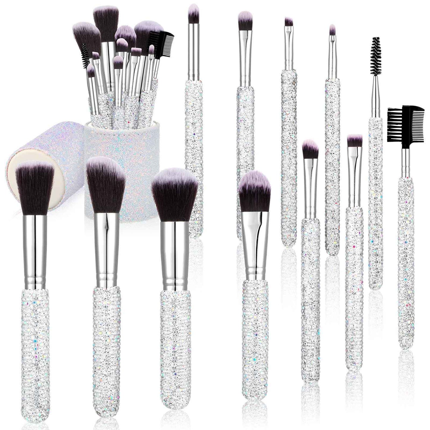 Nuogo 13 Pcs Rhinestone Makeup Brushes Set 12 Bling Crystal Professional Face Cosmetics Blending Liquid Foundation Powder Concealer Eye Shadows Make up Beauty Tool Glitter with 1 Holder