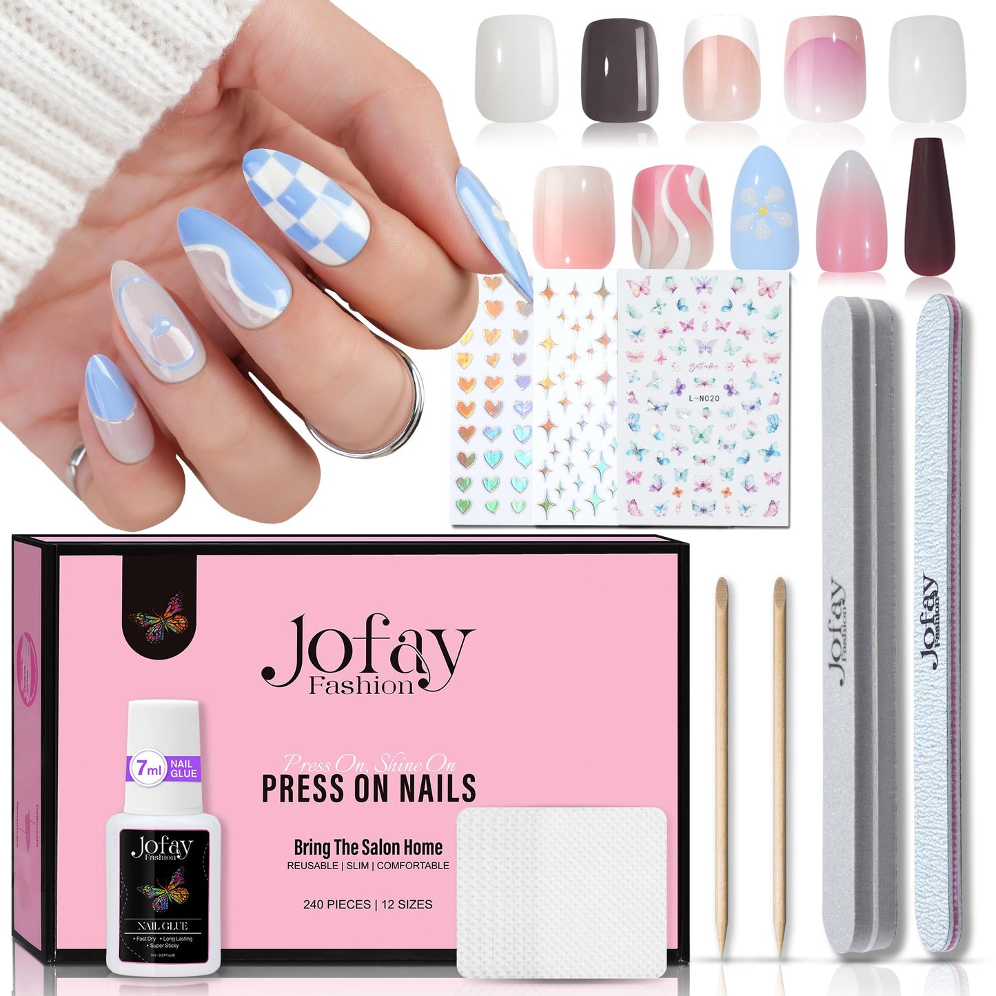 10 Packs (240 Pcs) Press on Nails Short-Jofay Fashion Short Square Fake Nails French Tip Press on Nails Glue On Nails with Design Gel Nail Set Artificial Nails Kit for Women