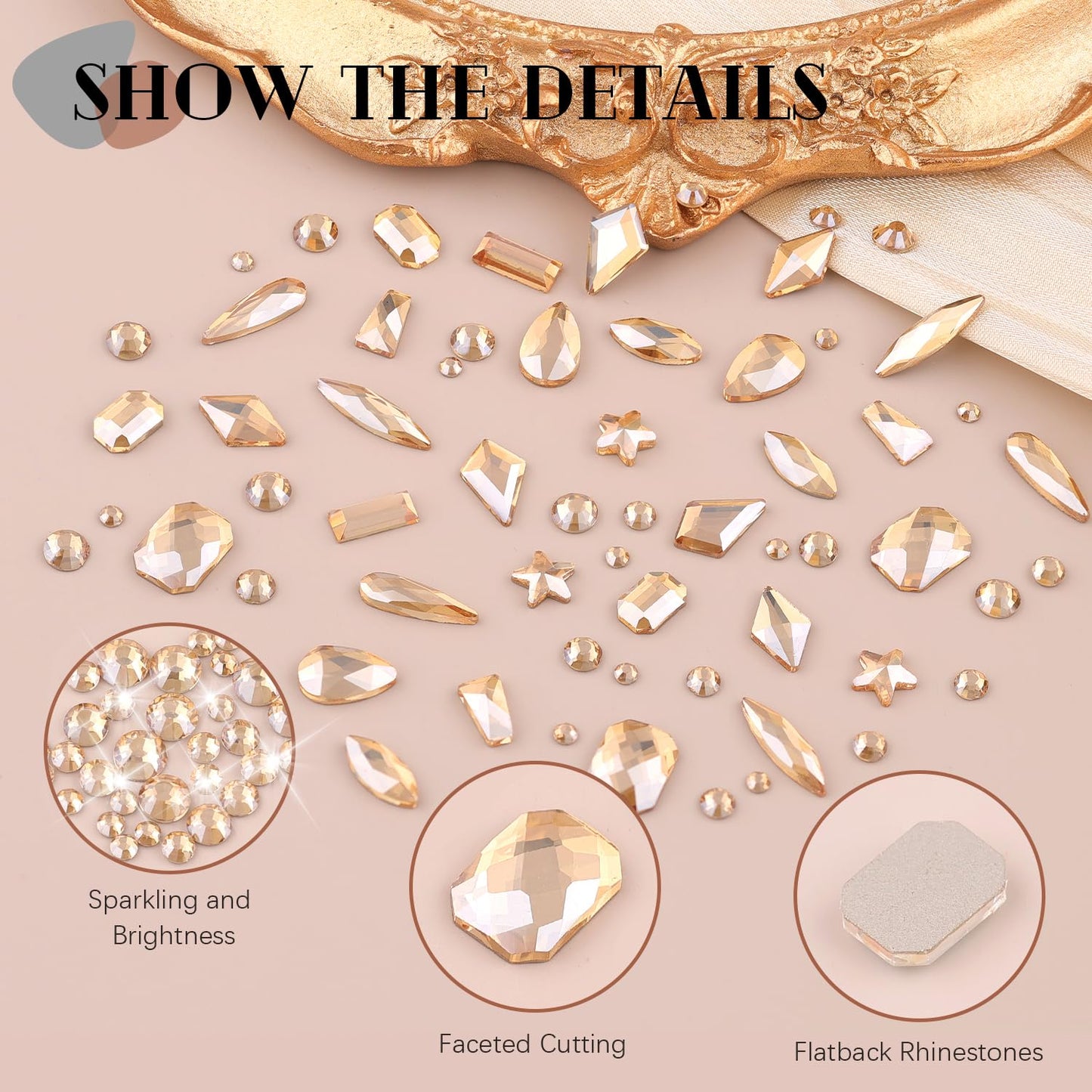 3220Pcs Champagne Gold Glass Nail Rhinestones 120Pcs Multi Shapes Flatback Gems Crystal+3100Pcs 1.5-4mm Round Beads with Rhinestones Glue Gel, Manicure Diomand Jewelry Gemstone for Nail Design Makeup