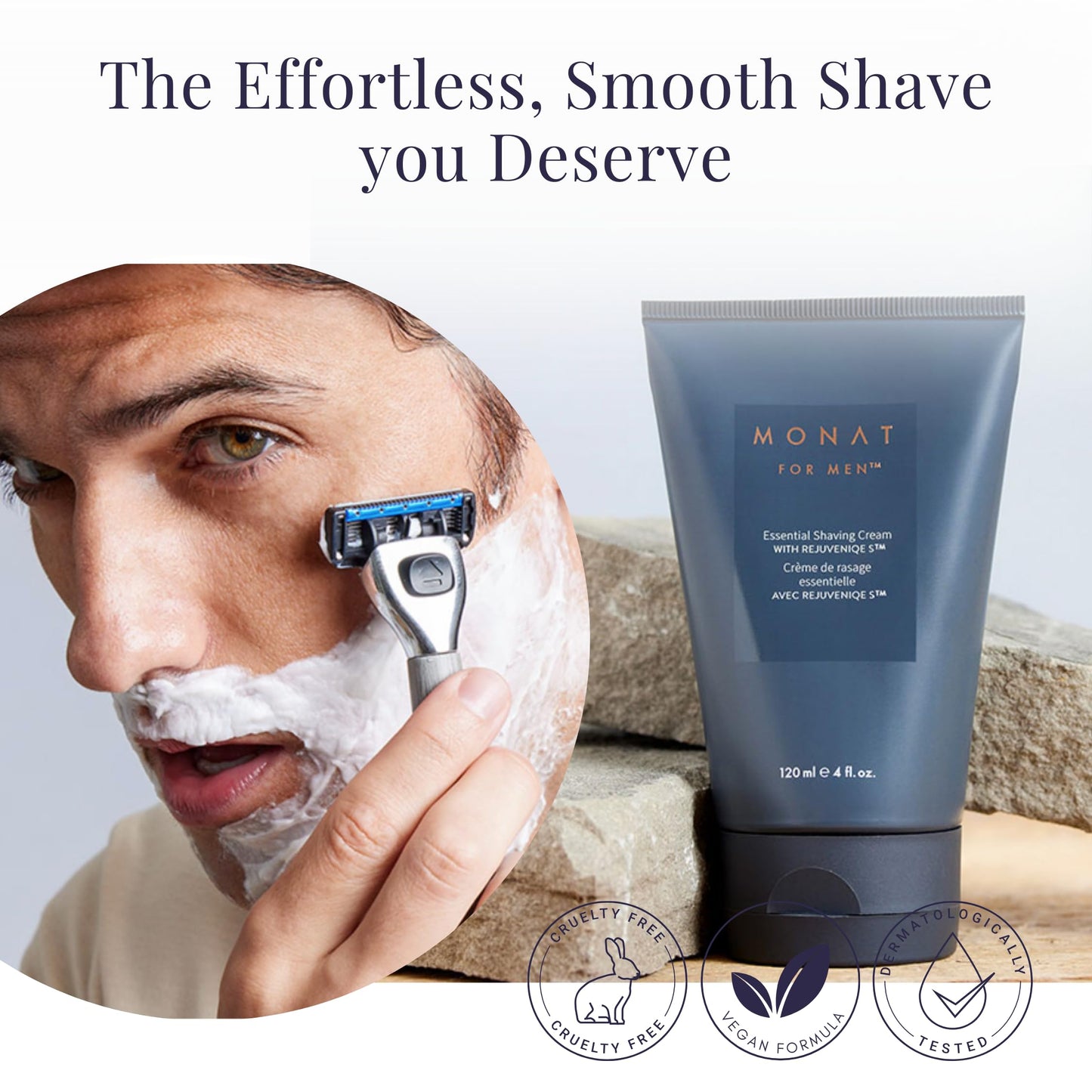 MONAT For Men Essential Shaving Cream - Natural Shaving Cream Includes Shea Butter, Coconut Oil, Aloe Vera, Ginger Root Extract, Panthenol, Avena Care & Coffee Seed Oil - Net Wt. 120 ml / 4 fl. oz.