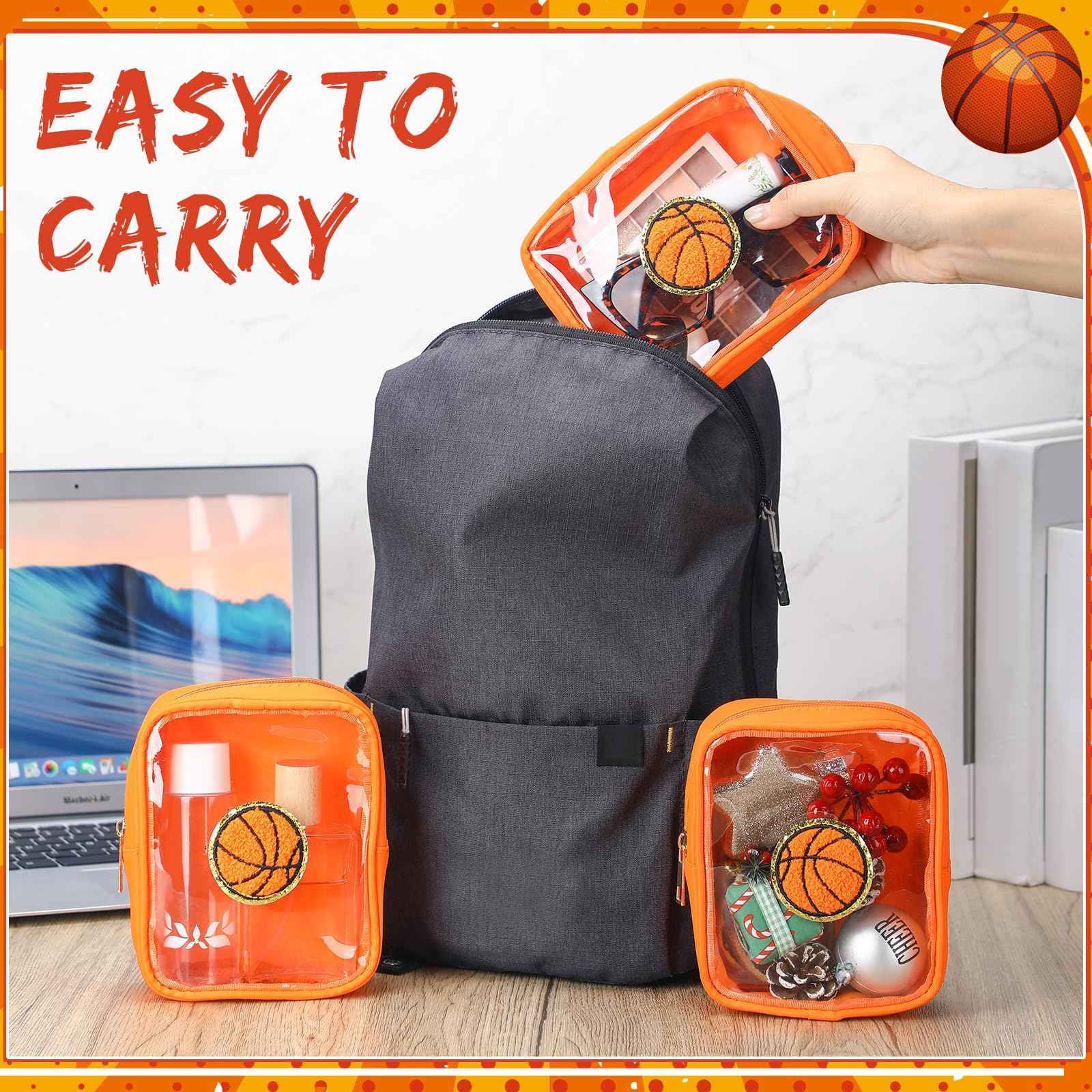 Reginary 12 Pcs Chenille Patch Gift Bags Senior Night Gift Bag Waterproof Travel Size Pack for Party Favors Team Stuff(Basketball)