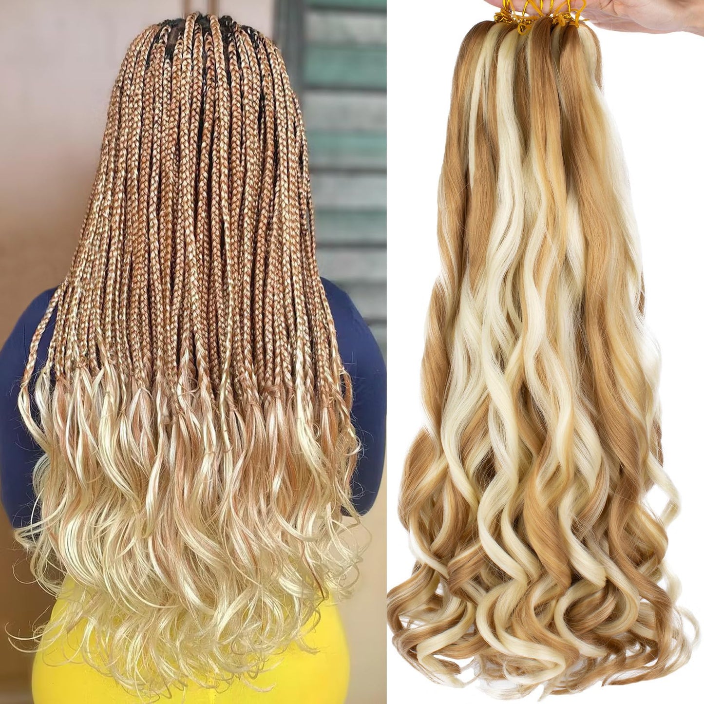 COOKOO 18 Inch 9 Packs Pre-stretched French Curly Braiding Hair Bouncy French Curls Hair Mix Blonde Braiding Hair for Black Women Spanish Curls Synthetic Braids Hair Extensions 27/613#