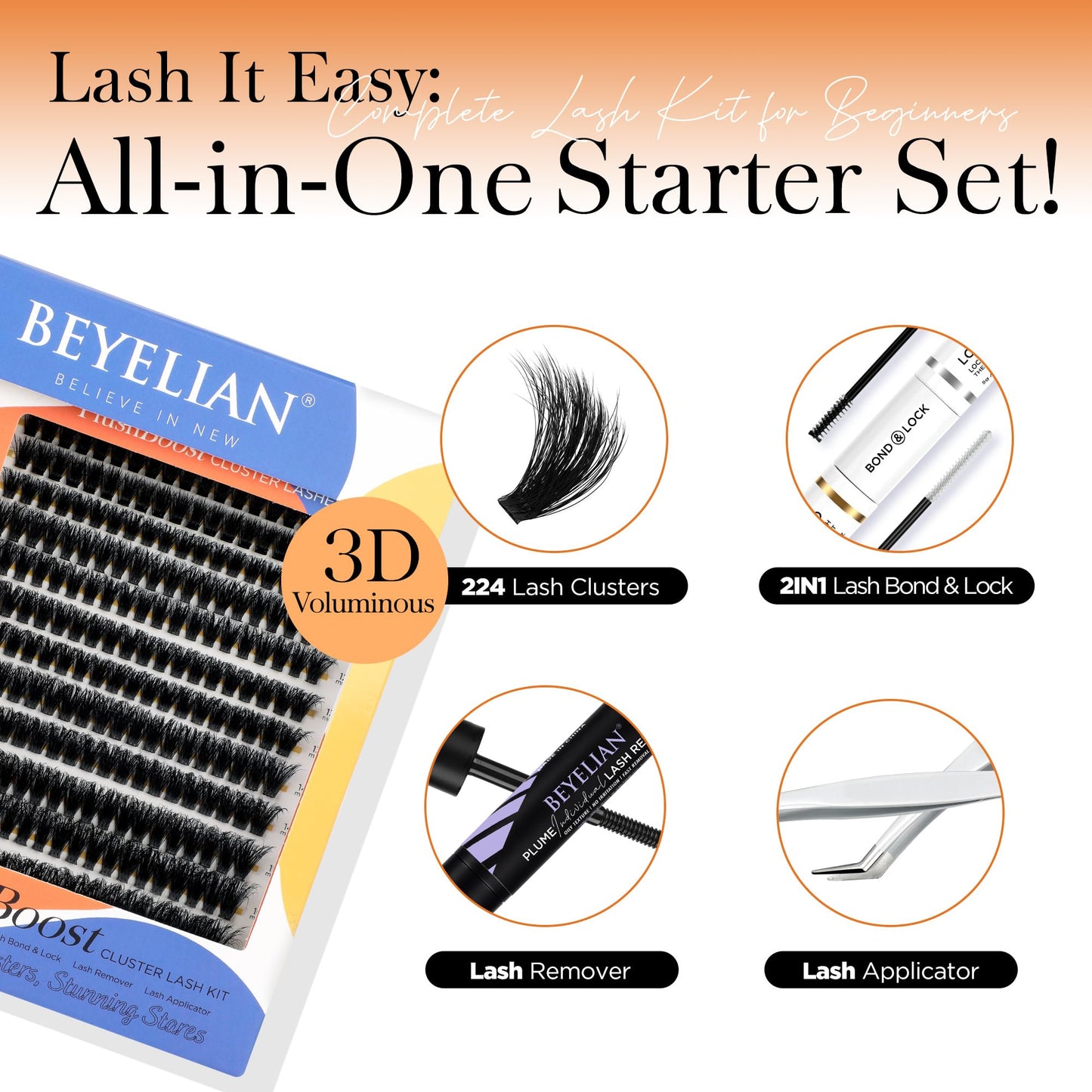 BEYELIAN Lash Extension Kit 3D Fluffy Lash Clusters Kit with 9-18mm 224 Pcs 200D Cluster Eyelash Extensions, Lash Bond and Seal, Lash Remover and Lash Tweezers for Self Use at Home