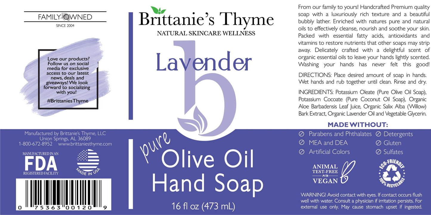 Brittanie's Thyme Organic Natural Hand Soap, 16 oz (Lavender) Moisturizing Castile Soap Made Olive Oil And Natural Luxurious Essential Oils. Vegan, Gluten & Cruelty Free,