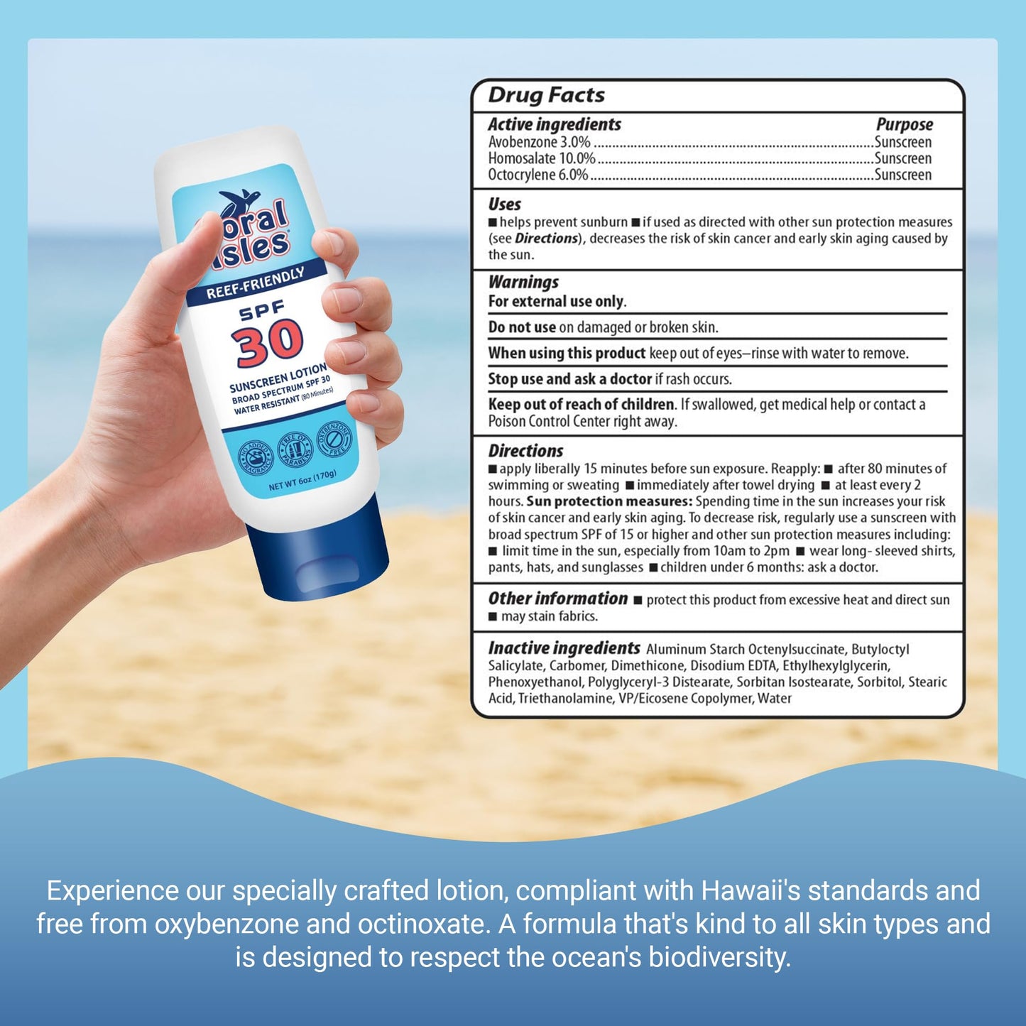 Coral Isles Sunscreen SPF 30 | Hawaii Compliant as Reef Safe | Octinoxate & Oxybenzone Free | Broad Spectrum UVA/UVB Protection | Water Resistant 80 Min. | Fragrance Free | 6 Fl Oz (Pack of 1))