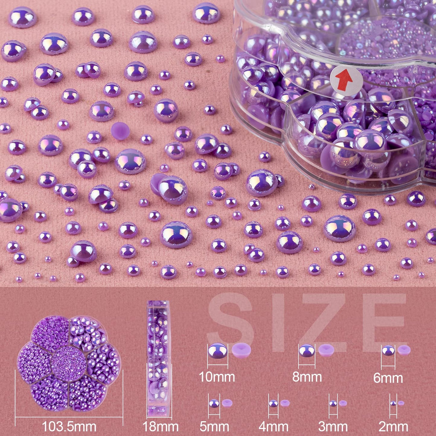 Nail Art Flat Back Half Round Pearl Kits 35, 1 Box of 6000 Pcs Flat-Back Violet AB with Tweezer and Picker Pencil for Home DIY Nails Body Face Craft and Salon Use