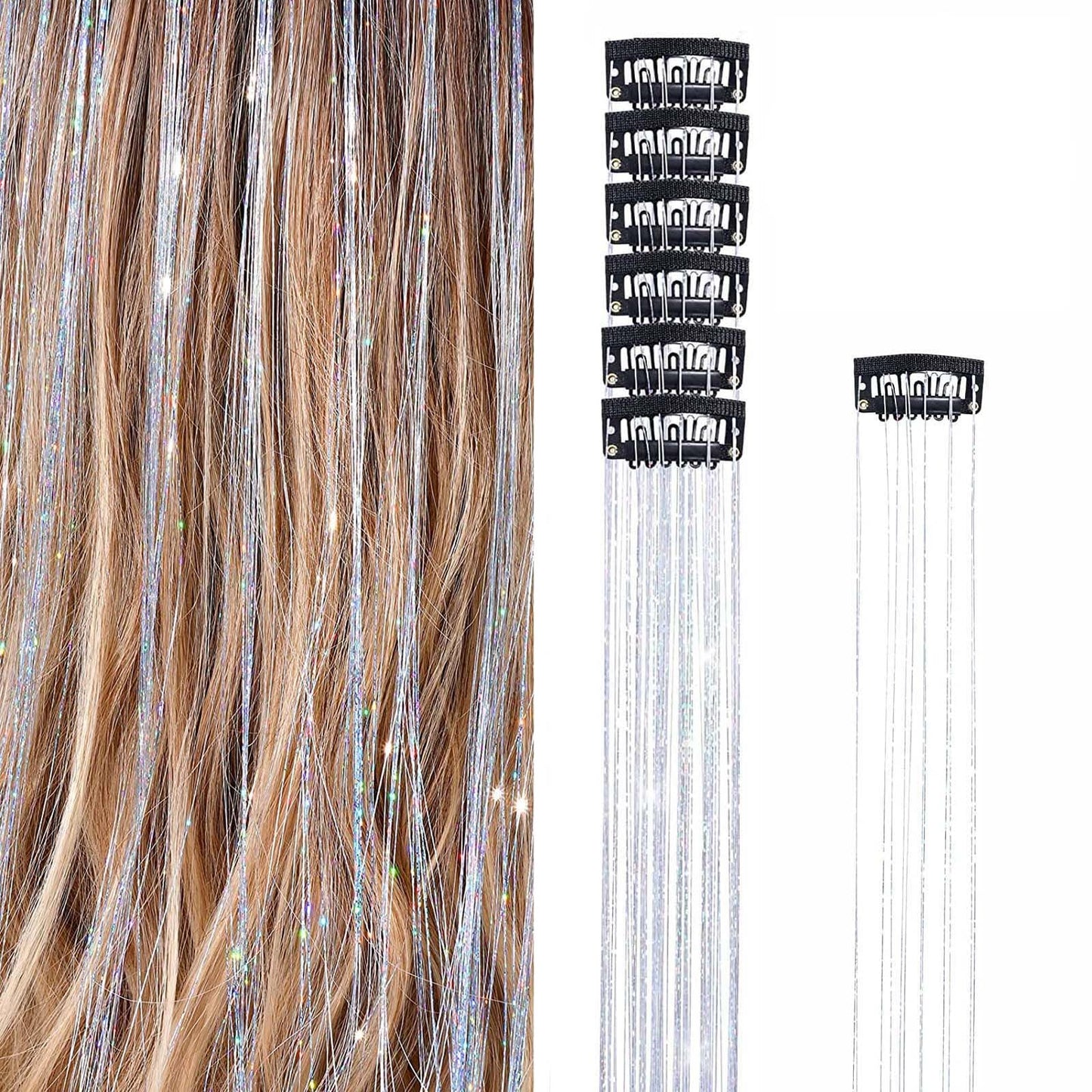 Hair Tinsel Clip in Tinsel Hair Extensions Silver Fairy Glitter Hair Tinsel Kit for Women Heat Resistant 21.5In 6Pcs Festival Hair Accessories for Party, Christmas, New Year, Halloween, Cosplay