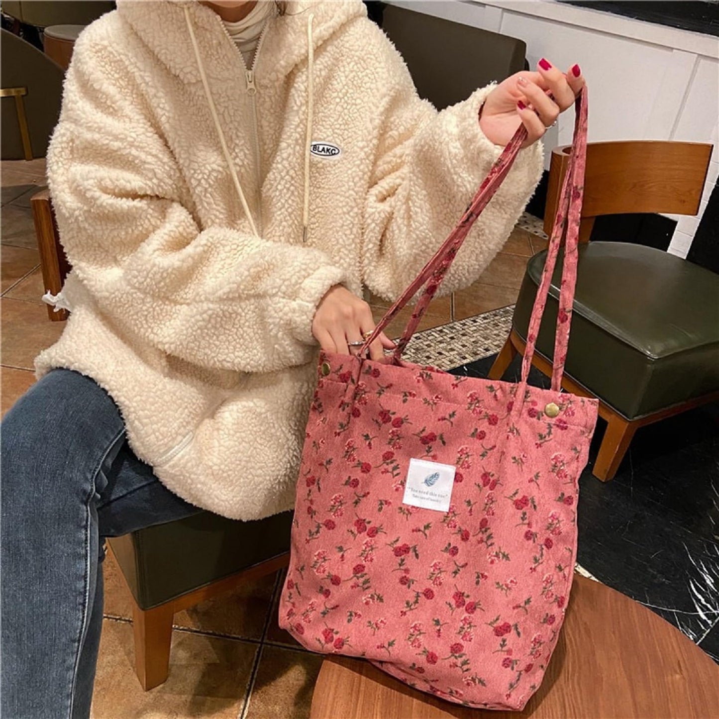 Kovewon 2 Pcs Corduroy Tote Bag for Women Rose Floral Makeup Bag Aesthetic Tote Bag with Canvas Inner Pocket Makeup Pouch for Girls, Red