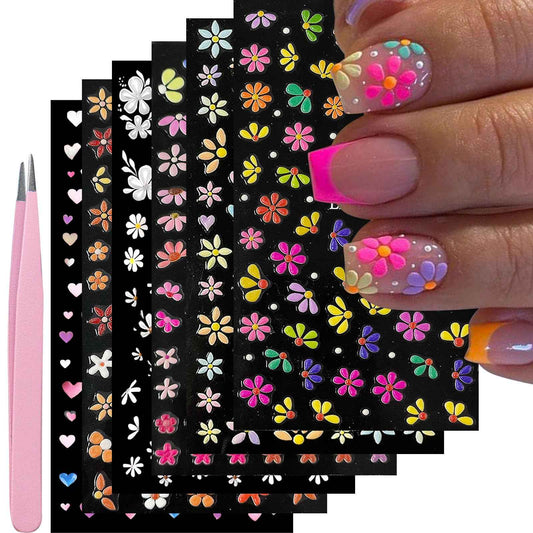 YOSOMMK Nail Art Stickers Decals 5D Embossed Flower Nail Decals Self Adhesive Spring Summer Heart Daisy Nail Supplies 3D Nail Design for Women Nail Decoration Colorful Flower Nail Stickers