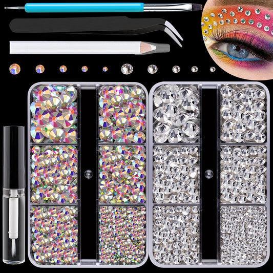 Colorful Face Gems for Makeup Set, Flatback Gorgeous Charming AB Glass Gem+Clear Glass Gem with Makeup Glue+Picker Pencil+Tweezer+Dual-End Dotting Tool for Eye Body Hair Make-up and Nail Art Deco