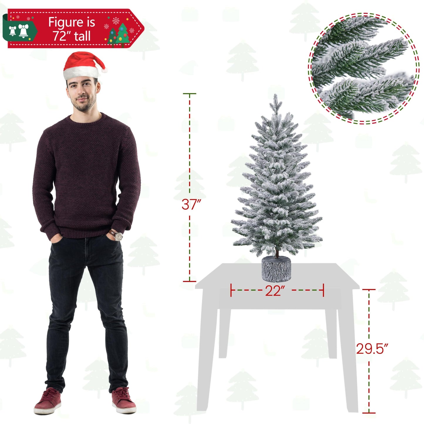 Yaheetech 3FT Pre-lit Potted Flocked Christmas Tree, Snow Frosted Mini Tabletop Artificial Christmas Tree with 50 Warm White LED Lights and 355 PE Branch Tips for Holiday Decoration