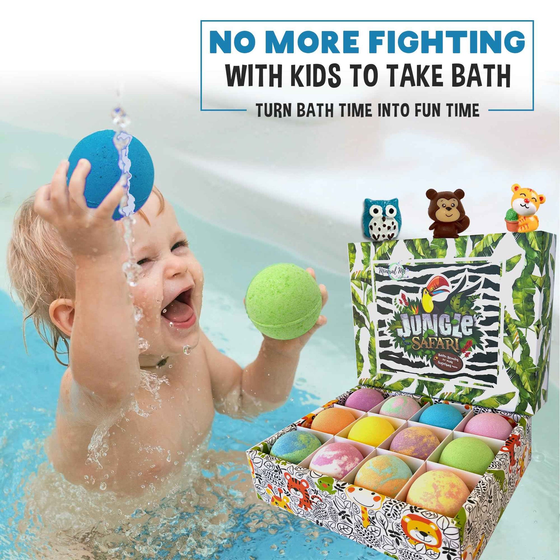 Bath Bombs for Kids with Surprise Inside, 12 Bubble Bath Fizzies with Jungle Animal Toys. Moisturizing, Gentle & Kids Safe, Rainbow Spa Bath Fizz, Stocking Stuffers Christmas Gifts for Boys, Girls