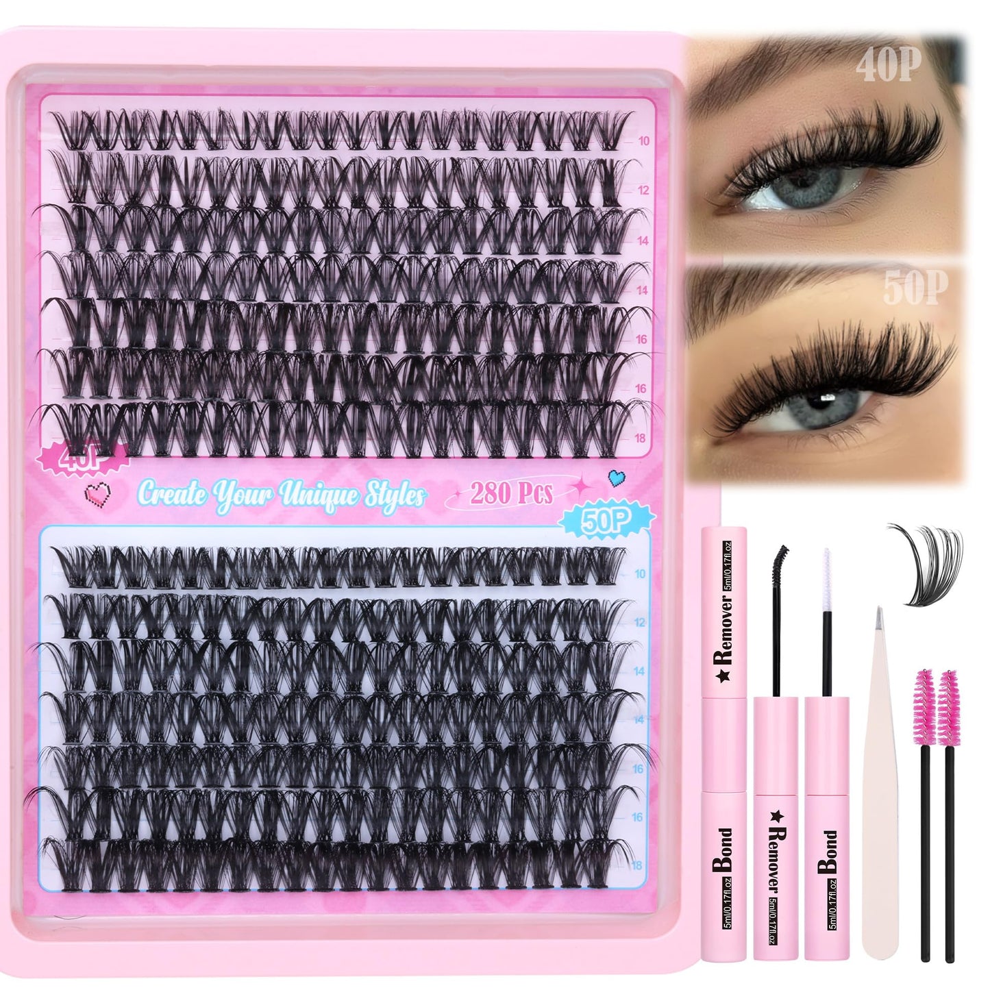 ALICE DIY Lash Extension Kit Natural Lash Clusters Kit 40D+50D Wispy Fluffy Eyelash Extension Kit 10-18mm Individual Lashes 280pcs with Lash Glue Bond and Remover Lash Applicator for Beginners