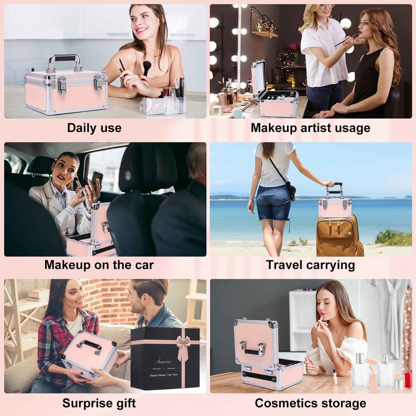 Makeup Box with Led Mirror,Travel Train Hard Case with Rechargeable Lighted Mirror Adjustable Dividers,Cosmetic Organizer Storage Bag for Makeup Artists,Appropriate Gift for Women and Girls,Pink