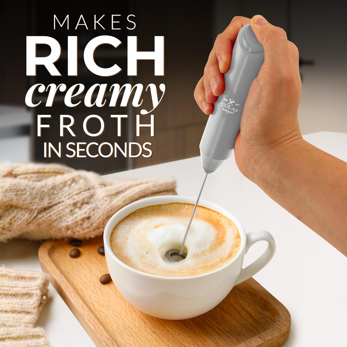 Zulay Kitchen Duracell Powered Milk Frother Handheld Foam Maker - Whisk Drink Mixer for Coffee, Latte, Matcha, Cappuccino - Mini Foamer by Milk Boss - Batteries Included - (Gray)