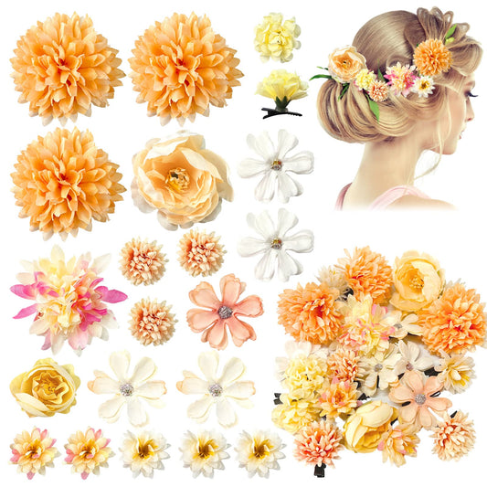 HFYZZ 21 Pack Flower Hair Clips Chiffon Rose Flower Hair Clips Bohemian Flower Hair Pins Bride Floral Hair Barrettes Brooch Pins for Wedding Beach Hair Accessorie(Beige)