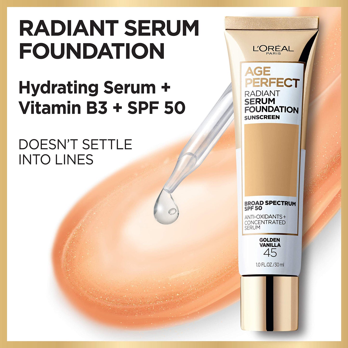 L'Oreal Paris Age Perfect Radiant Serum Foundation with SPF 50, Classic Tan, 1 Ounce