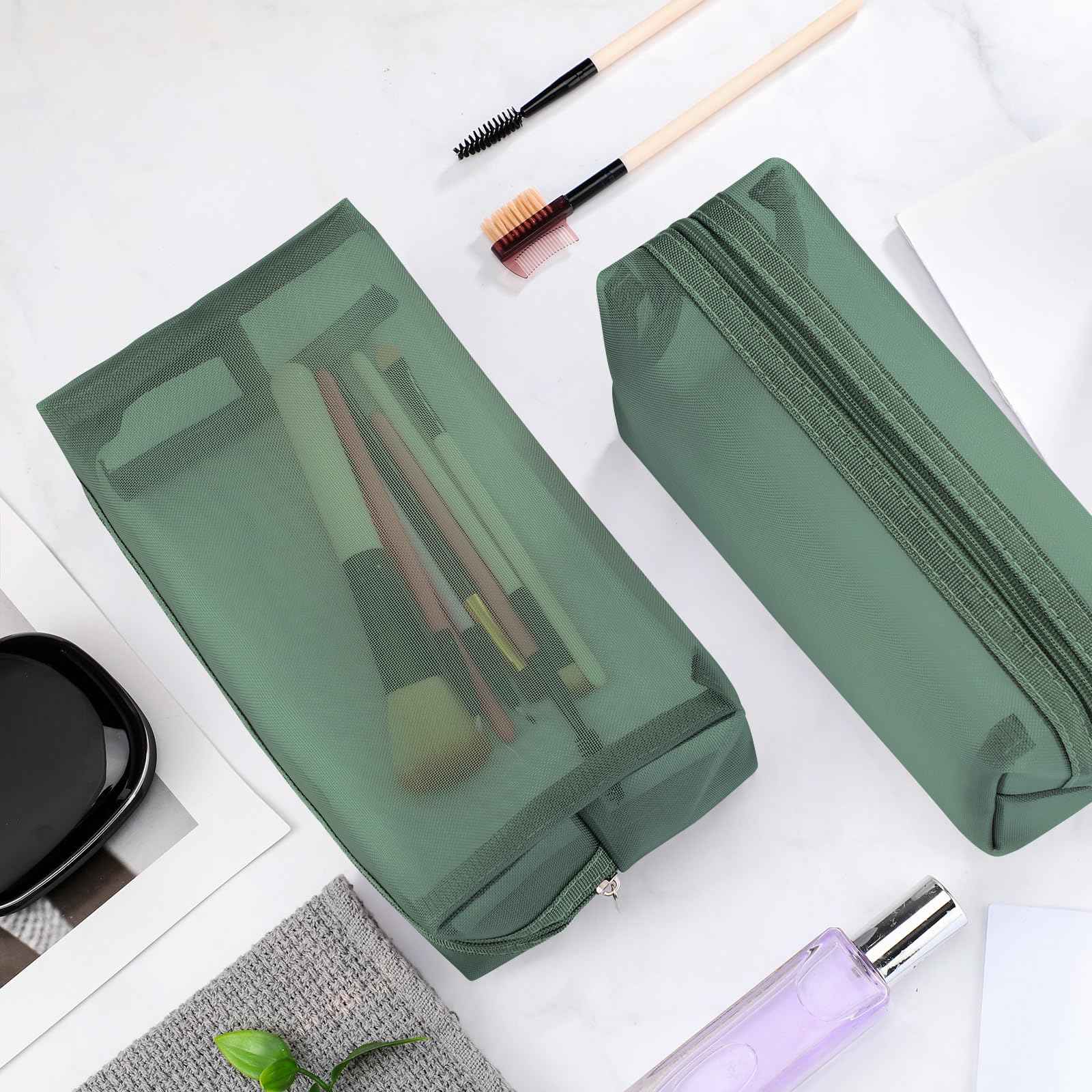 Boao 6 Pieces Mesh Makeup Bags Mesh Cosmetic Bag Portable Travel Organizing Zipper Pouch Toiletries Makeup Pouches for Home Office Travel Accessories(Green)
