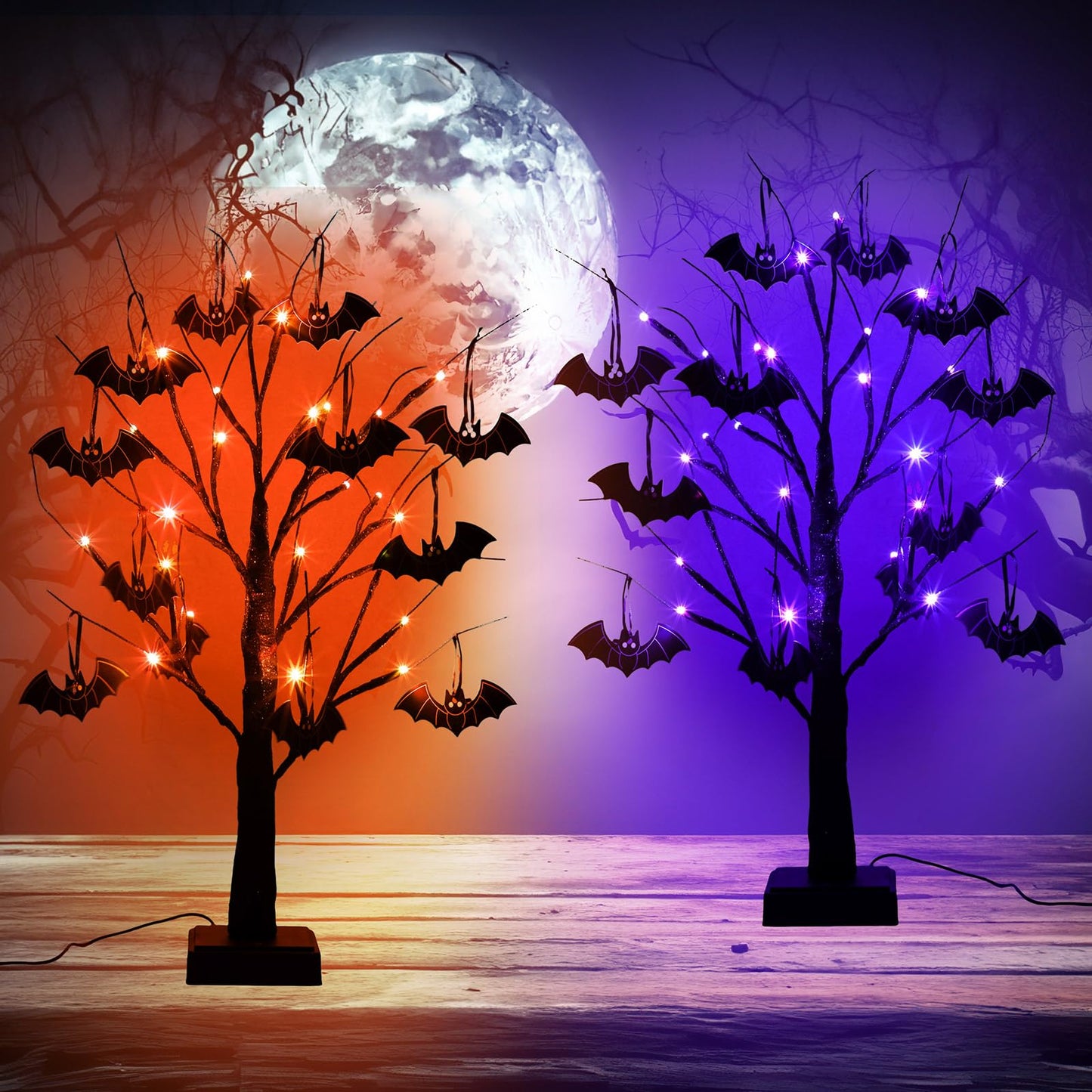 Retisee 2 Set Halloween Tree Decoration with 24 Purple Orange LED Light 16 Bats 2 ft Light up Halloween Table Centerpiece Black Glitter Spooky Battery Powered Timing Tree for Halloween Tabletop Indoor