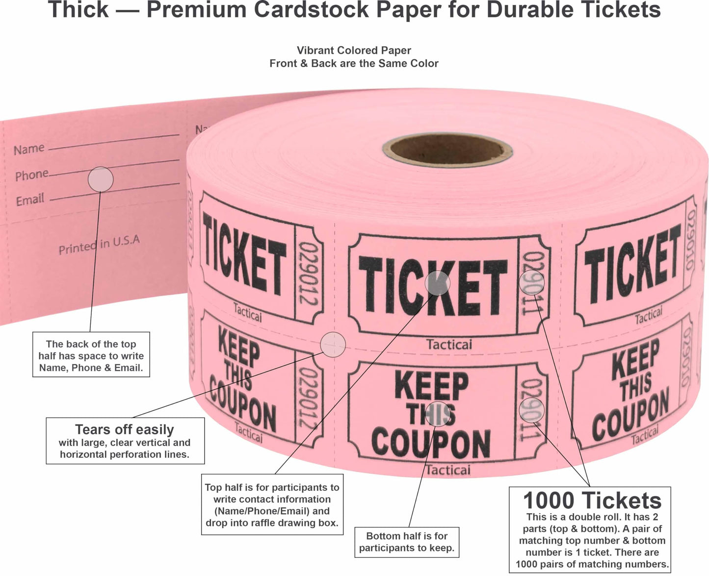 1000 Tacticai Raffle Tickets, Pink (8 Color Selection), Double Roll, Ticket for Events, Entry, Class Reward, Fundraiser & Prizes