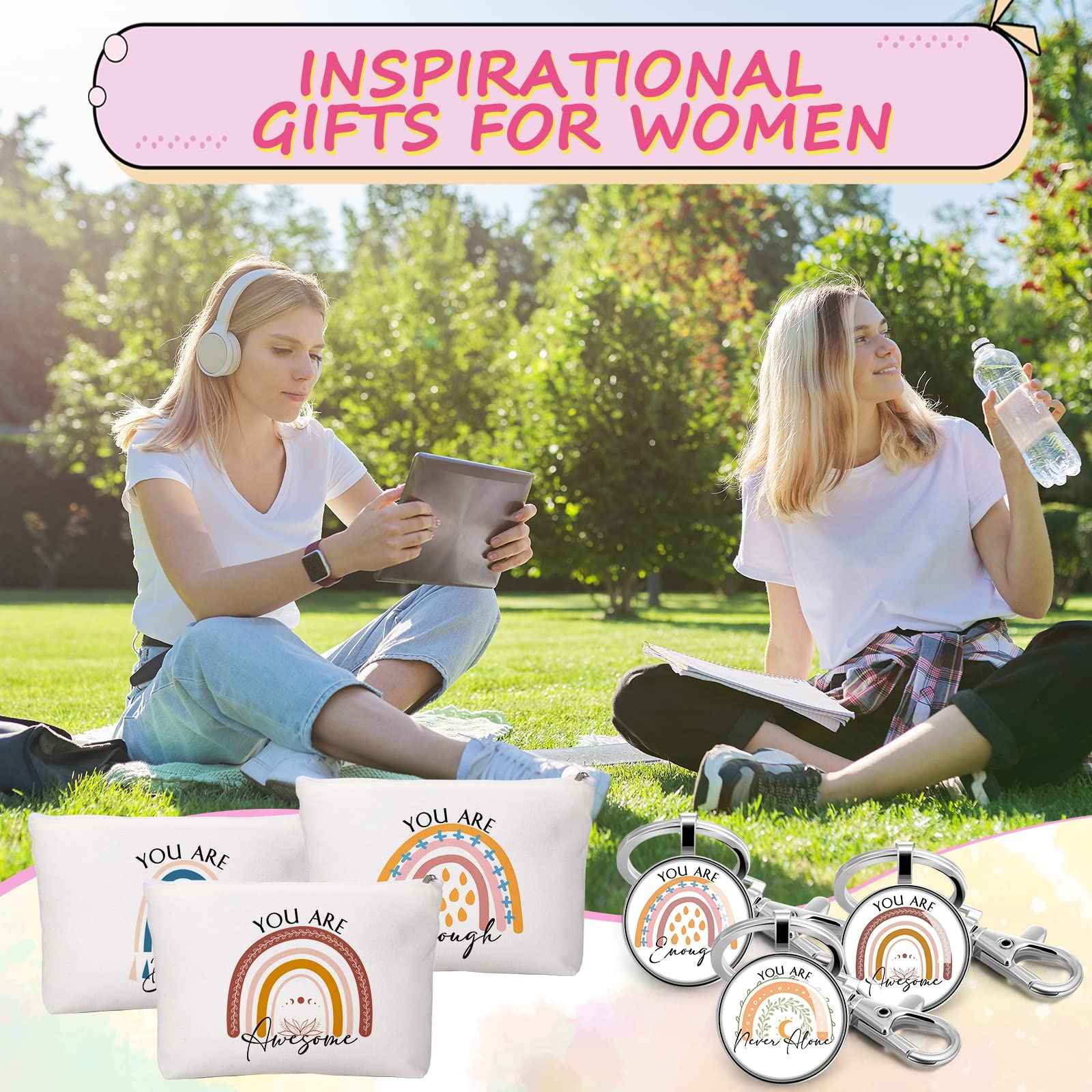 Sieral 60 Pcs Employee Appreciation Bulk Gifts for Women Rainbow Makeup Bags Inspirational Keychains Canvas Cosmetic Bags Thank You Gifts for Nurse Teacher Christmas Operation Gift Stocking Stuffers