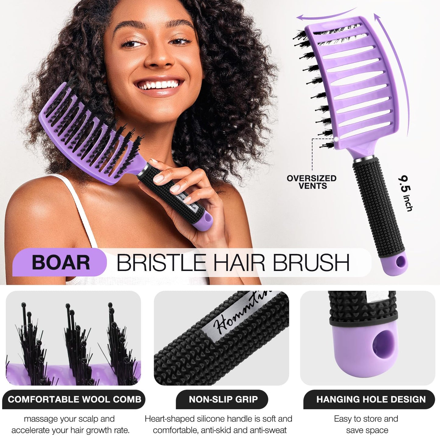 Hommtina Detangling Brush 4 Pack Curly Hair Brush Getting Shine and Makes Hair Smooth, Detangler Boar Bristle Hair Brush for Adult & Kids Wet or Dry Hair (4 PCS, Purple)