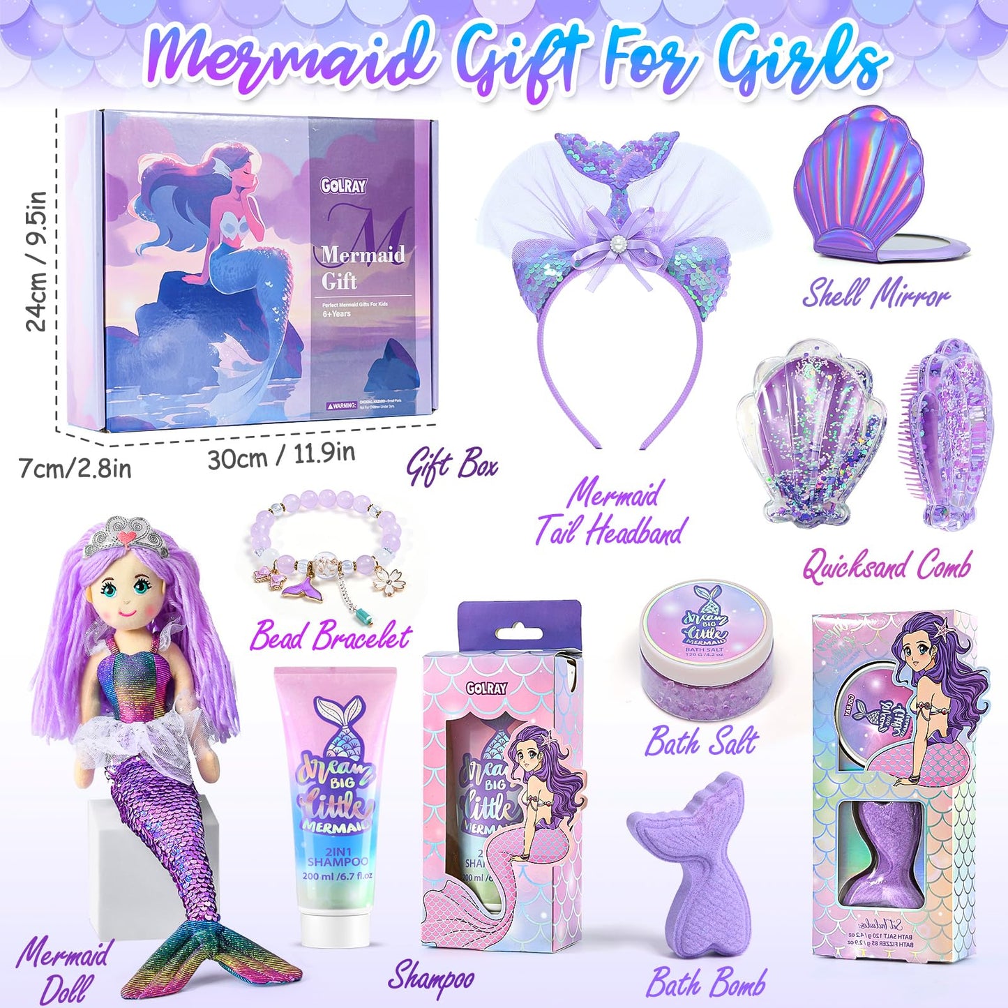 Golray Mermaid Gift for Girls Bath Set Kids Beauty Care Spa Kit with Shampoo/ Bath Bomb Salt/ Mermaid Doll/ Mirror/ Brush, Mermaid Toys Kids Teenage Christmas Birthday Gift for Teen Girl 6 7 8 9 10-12