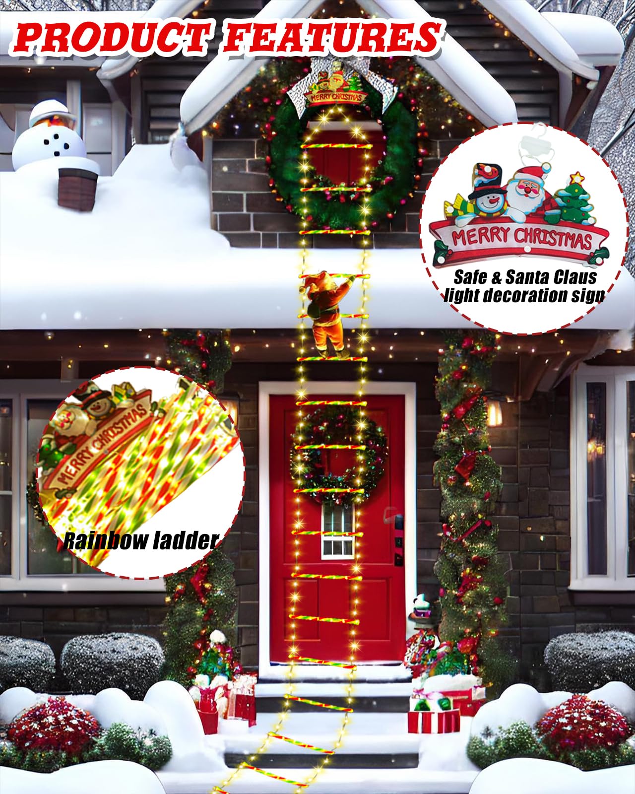 Dfilio Christmas Decorations Outside, 10ft Christmas Decorative Ladder Lights with Santa Claus and Remote Control, Village Tree Sets for Indoor Outdoor, Window, Garden, Home, Wall, Xmas(Warm White)