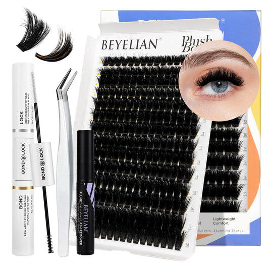 BEYELIAN Lash Extension Kit 3D Fluffy Lash Clusters Kit with 9-18mm 224 Pcs 200D Cluster Eyelash Extensions, Lash Bond and Seal, Lash Remover and Lash Tweezers for Self Use at Home