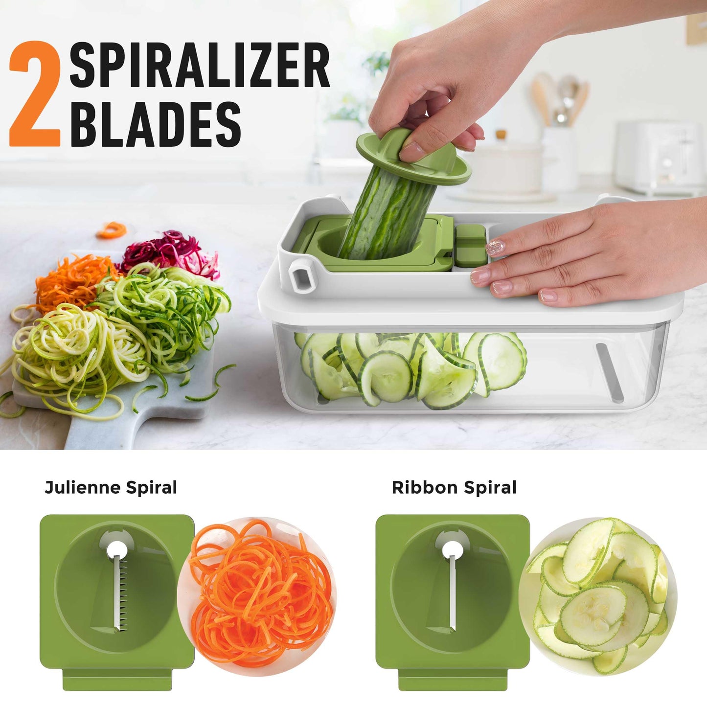 Mueller Pro-Series V Blade Veggie Chopper, Egg Slicer, Spiralizer, Dicer, Cutter, Food Chopper, Gifts for Mom, Kitchen Accessories & Kitchen Essentials with Food Container and Lid White Sand/Green