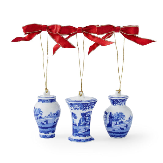 Spode Blue Italian Mini Urn Ornaments (Set of 3) | Hanging Ornaments for Christmas Décor | Made of Porcelain | 2.8” x 2” x 1.5” Floral Print Holiday Vase Decorations