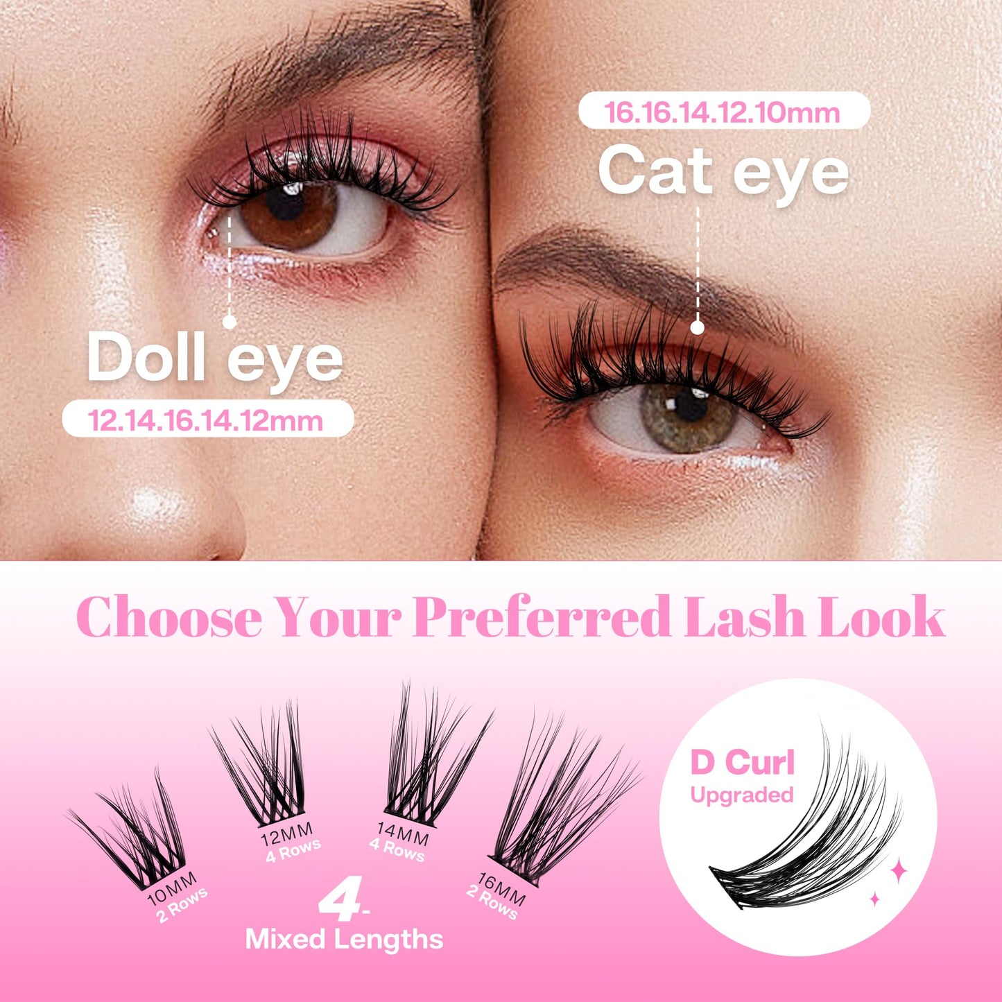 CALAILIS Lash Clusters DIY Cluster Eyelash Extensions 144pcs Natural Cluster Lashes Mega Volume Individual Lashes Reusable Wispy Eyelash Clusters (CDD06,D-10-16MIX)