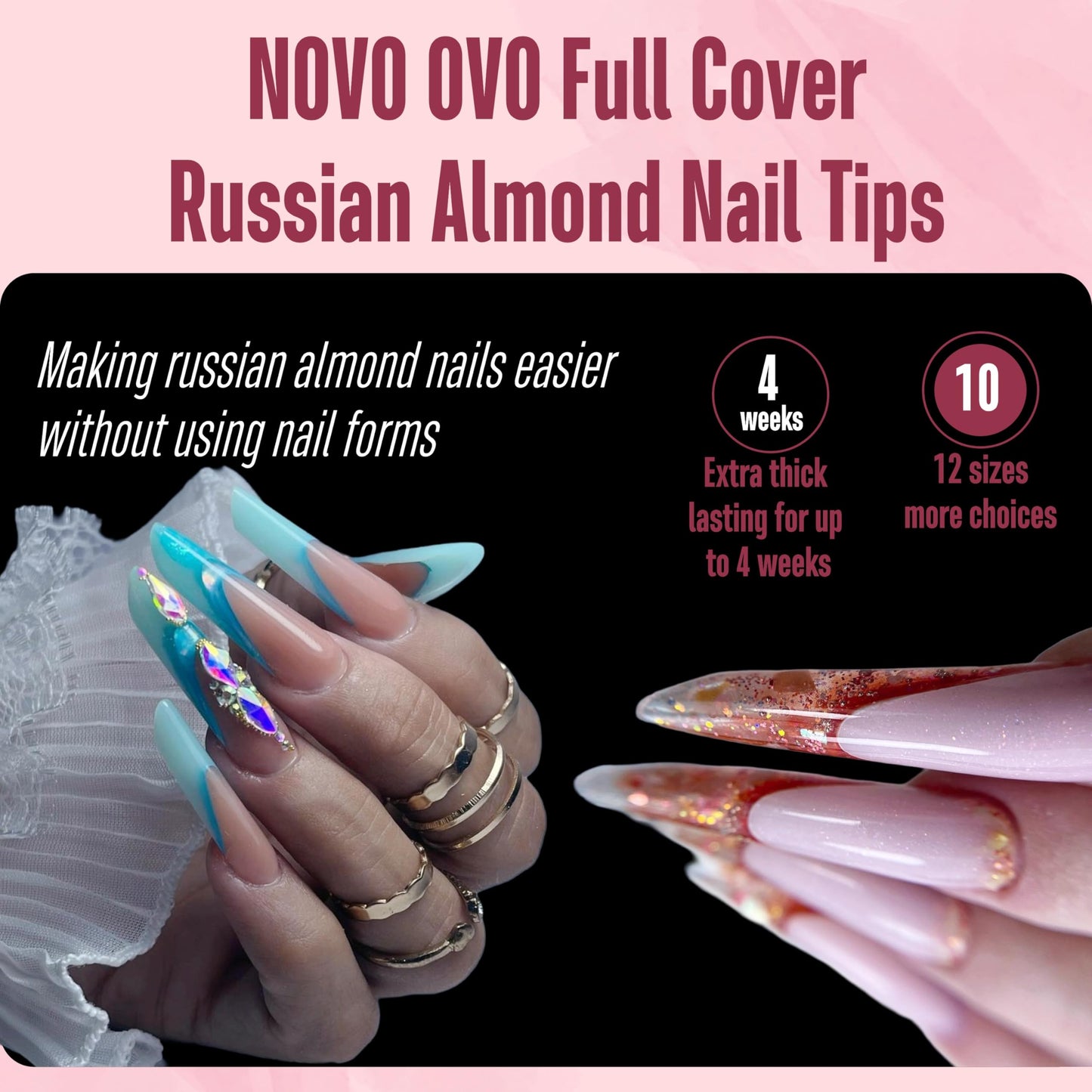 NOVO OVO Nail Tips Russian Almond Coffin Ballerina, Soft Gel x Acrylic Full Cover Nail Kit for Russia 3D Sculptured Edge Fake Nails Manicure, Extra Long XL XXL French tip Press on 10 sizes 360pcs