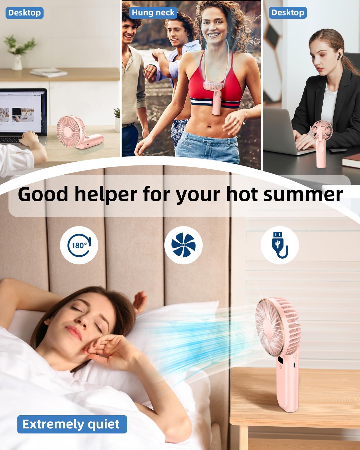 TUNISE Portable Handheld Fan, Neck Fan, 4000mAh Desk Fan, 180° Adjustable, 6 Speed Wind, Display Electricity in Real Time, USB Rechargeable Foldable Fan, Quiet Personal Fan as Power Bank