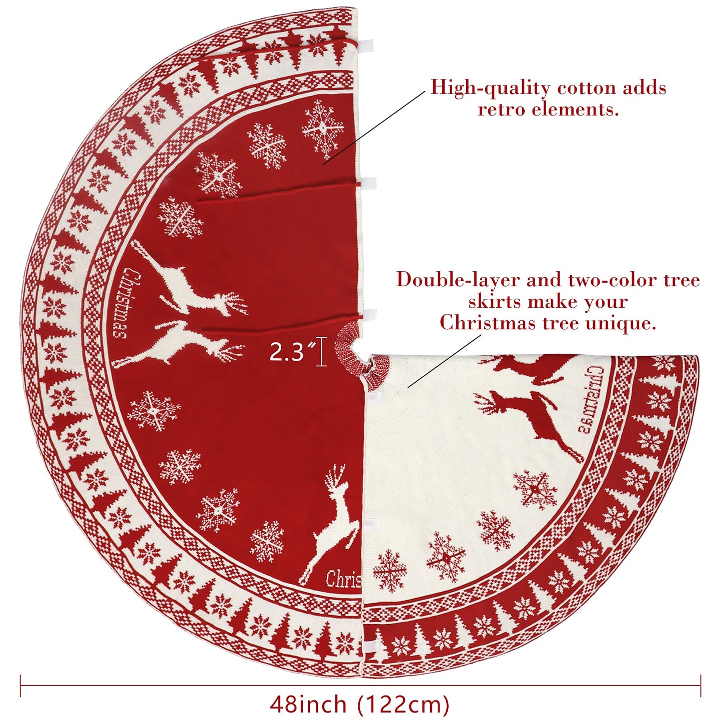 OurWarm Christmas Tree Skirt 48 Inches, Knit Tree Skirt with Snowflake & Reindeer, Red and White Double-Sided Rustic Xmas Tree Skirt Christmas Decorations for Party Indoor Christmas Tree Decoration